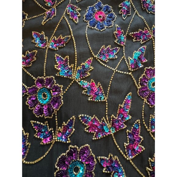 Papell Boutique Evening Black Silk Top M Floral Sequin Beads Jewel Tone Party - Picture 3 of 8